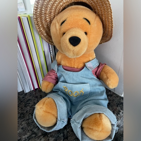 Vintage Disney Winnie the Pooh Denim Overall Straw Hat 14in Plush Garden Pooh - Picture 5 of 5